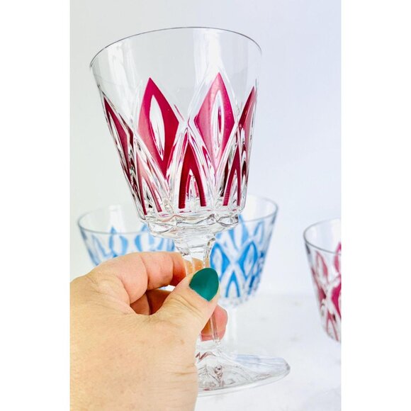 Vintage 1950s wine glasses, VCM Reims French cups, Harlequin pattern, set of 4 - Picture 2 of 9